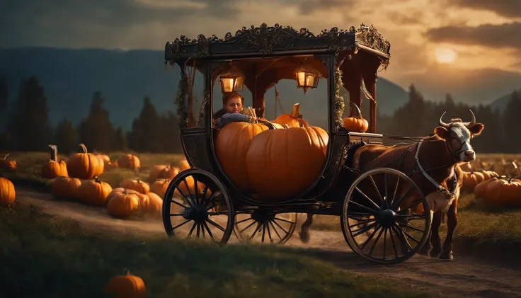 A pumpkin carriage driven by cows, halloween style, fantasy village background, detailed object, highly detailed, lots of detail, dynamic composition, aesthetic art, detailed photorealistic painting by irakli nadar, hyperrealism, brandon woelfel, moody cin...