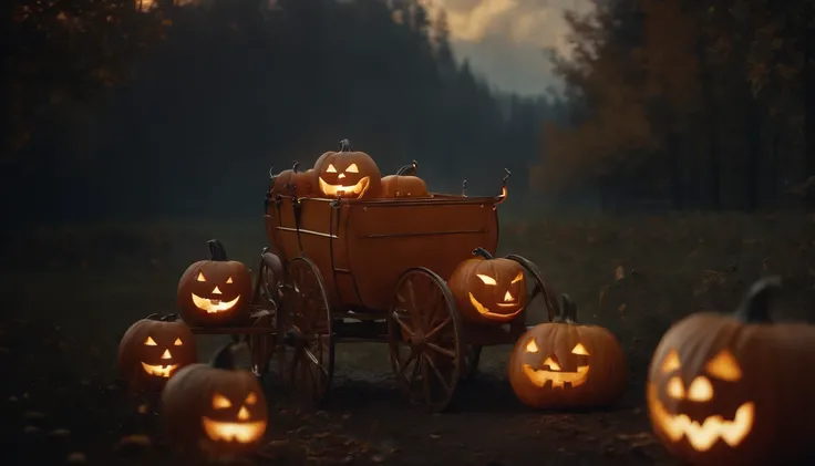 A pumpkin carriage driven by cows, halloween style, fantasy village background, detailed object, highly detailed, lots of detail, dynamic composition, aesthetic art, detailed photorealistic painting by irakli nadar, hyperrealism, brandon woelfel, moody cin...