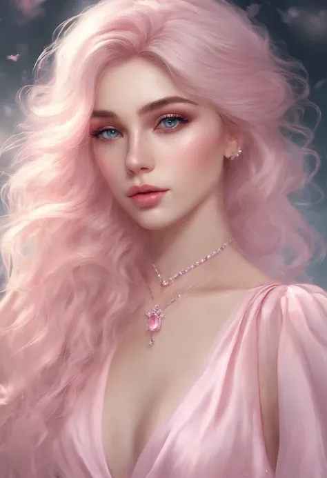 homem, cabelo rosa, rosa maquiagem bonita, vestido branco simples, olhos cor-de-rosa, brilho rosa, anime, batendo punheta