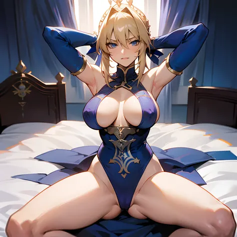 Fate series Artoria Pendragon, naked, sexy, woman, cute, big tits, sensual, in a bedroom, she spread her legs