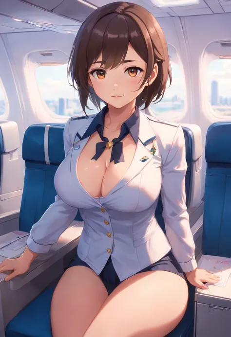 NSFW, pornographie, Masterpiece, Best quality, 8k, ultrarealistic, High Details, Close-up map of a flight attendant with big, magnifique, belle femme sexy,(huge breasts:1.2), belles cuisses larges,