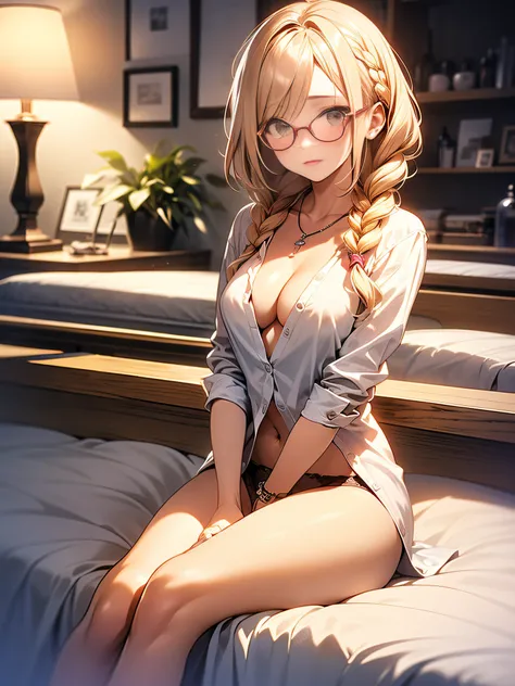 in 8K、top-quality、​masterpiece、ultra-detailliert、Ultra-high resolution、((1 persons))、girl with、a blond、Braided hair、makeups、Pink lip、a necklace、Big round lens glasses、Medium chest、Long shirt without buttons、White underwear、cleavage of the breast、(((Sit on ...