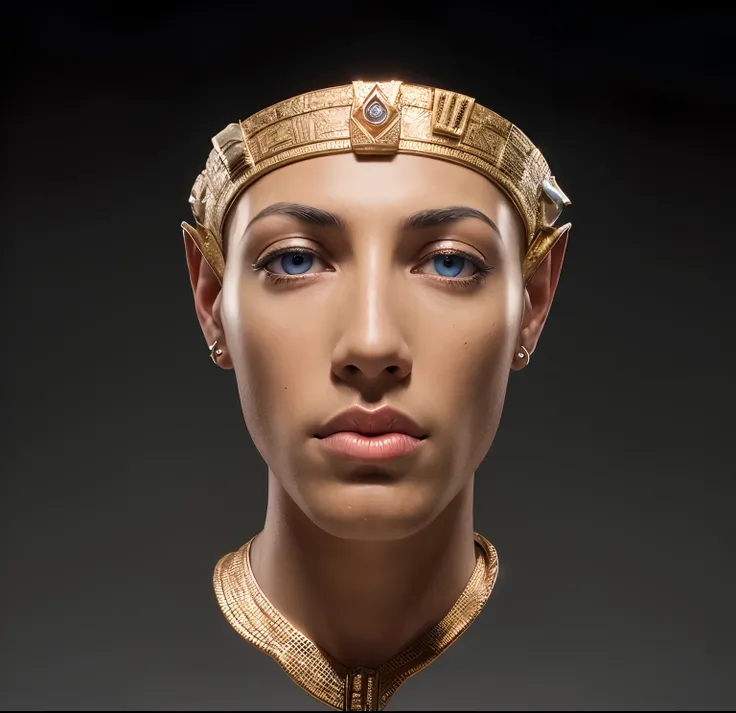 Masterpiece of King Akhenaton. High-resolution. Human.1boy.The most impotent pharaoh. Close up view. Wearing the blue Khepresh crown. bronze ten. Bronze Skin. Dark enlayed eyes. Brown eyes. The man has a strong face, with almond eyes, long nose, big rose l...