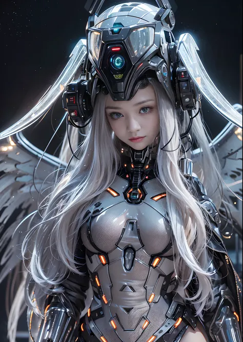 top-quality、​masterpiece、超A high resolution、(Photorealsitic:1.4)、Raw photo、Battle Cyborg Angel、large wings made of metal、White porcelain body、Acrylic Clear Cover、black  hair、glowy skin、1 Cyborg Girl、((super realistic details))、portlate、globalillumination、S...