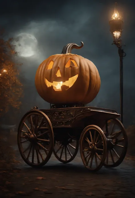 A steampunk pumpkin carriage, carriage made in pumpkin, halloween style, fantasy village background, detailed object, highly detailed, lots of detail, dynamic composition, aesthetic art, detailed photorealistic painting by irakli nadar, hyperrealism, brand...