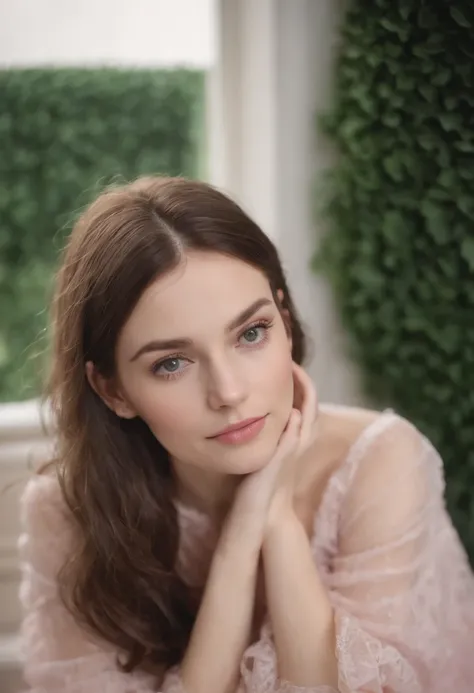 a pale-skinned woman, cabelo preto comprido e preto, e olho verde, vestindo um vestido branco/bege. De fundo, A room with pink furniture and a light curtain