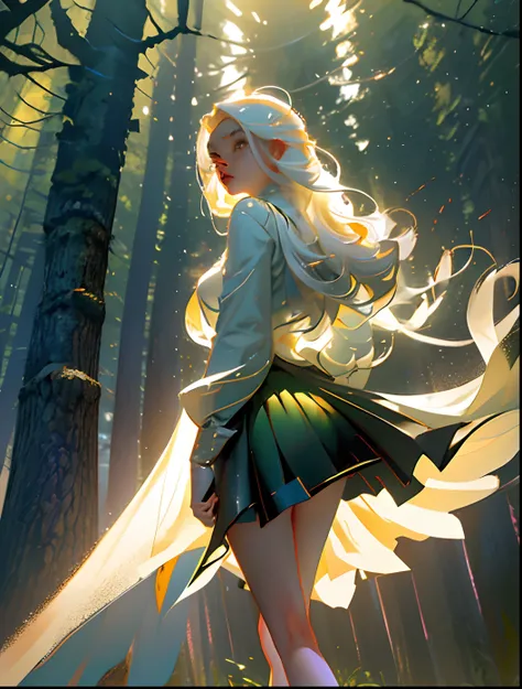 keyword：Sparse beam，Energetic girl，In the forest，Tyndall light effect，Long straight white hair，Golden pupils，forest setting，Effect enhancement，Increased saturation，Raised sexy，black lence stockings，short  skirt，Delicate facial features，Leather skirt，Floori...