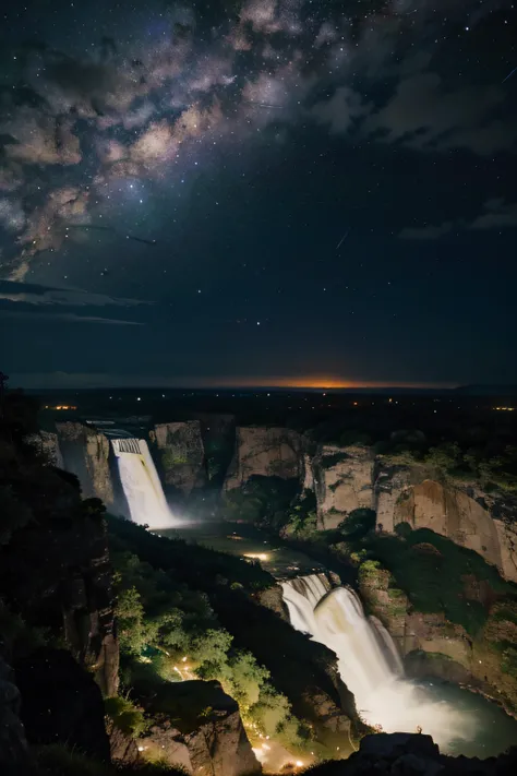 Magnificent waterfalls of multiple hues, in the distance we see the galaxy and the stars as well as a planet with a ring