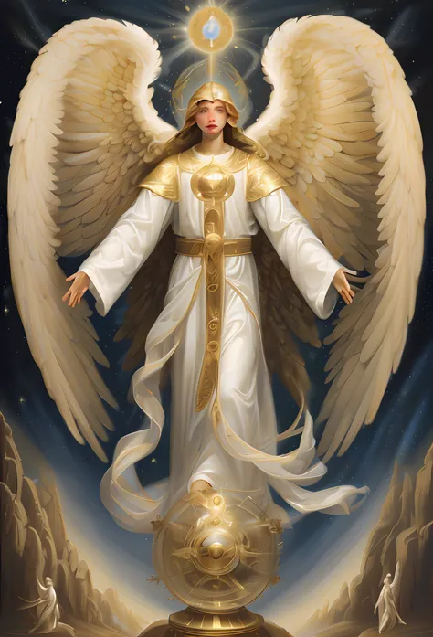 Painting of an angel with a golden halo and wings, Anjo majestoso de corpo inteiro, Armadura Dourada Angelical, arcanjo, Arcanjo Miguel, de anjo lindo, Ethereal Angelic Being of Light, angelic, Um Anjo da Luz do Amanhecer, being brilliant angelic, anjo, an...