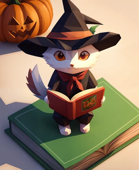 A detailed illustration of a print of a colorful cute black cat rides a broom has orange eyes and it wear witch hat and hold a book and peen next to a cute Halloween Pumpkin, hyper realistic high quality, t-shit desing graphic, vector, carton, contour, fan...