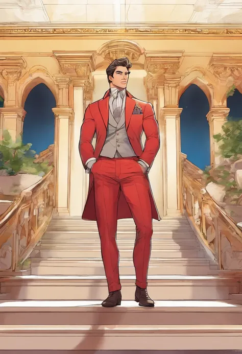 handsome young hunk, stubble, red velvet royal tailcoat, standing in a bright gothic marble grand hall, giant staircase behind him, white marble floor, exposed muscular chest, (frenulum:1.1), (glands), (best quality), (masterpiece), vivid colors, pubic hai...