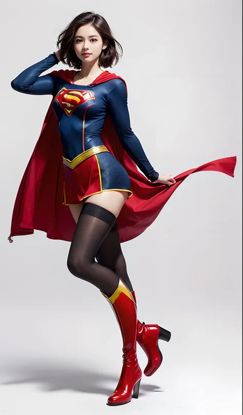 (((Wear black tights on your beautiful legs.)))、(((Grow legs、tall、beauty legs)))、(((facial expression of smile)))、((((Make the most of the original image)))、(((Supergirl Costume)))、(((Beautiful short hair)))、(((Suffering)))、(((Feet must necessarily be worn...