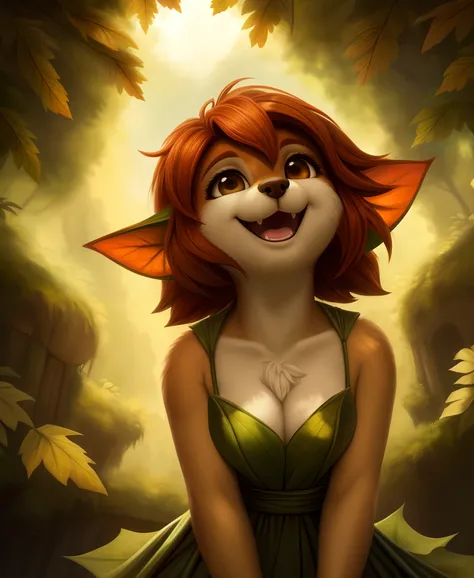 elora furry, detailed and extremely fluffy body fur, fluff, masterpiece, looking up beautiful surroundings, detailed background, happy, leaf-dress,