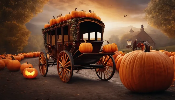 A pumpkin-shaped carriage with horses run through the village, fantasy village background, detailed object, highly detailed, lots of detail, dynamic composition, aesthetic art, detailed photorealistic painting by irakli nadar, hyperrealism, brandon woelfel...