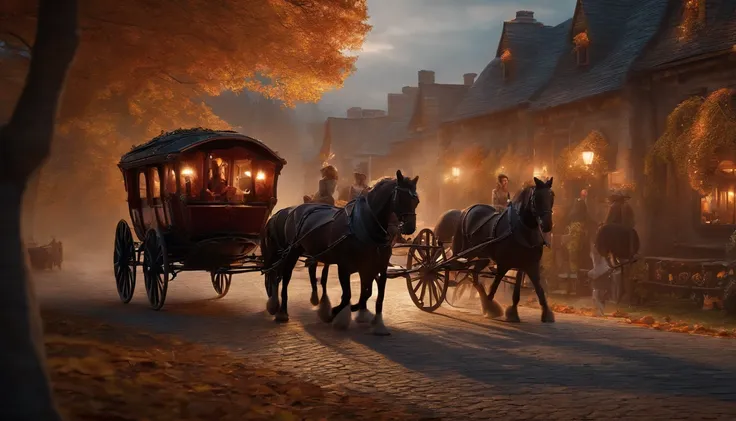 A pumpkin-shaped carriage with horses run through the village, fantasy village background, detailed object, highly detailed, lots of detail, dynamic composition, aesthetic art, detailed photorealistic painting by irakli nadar, hyperrealism, brandon woelfel...