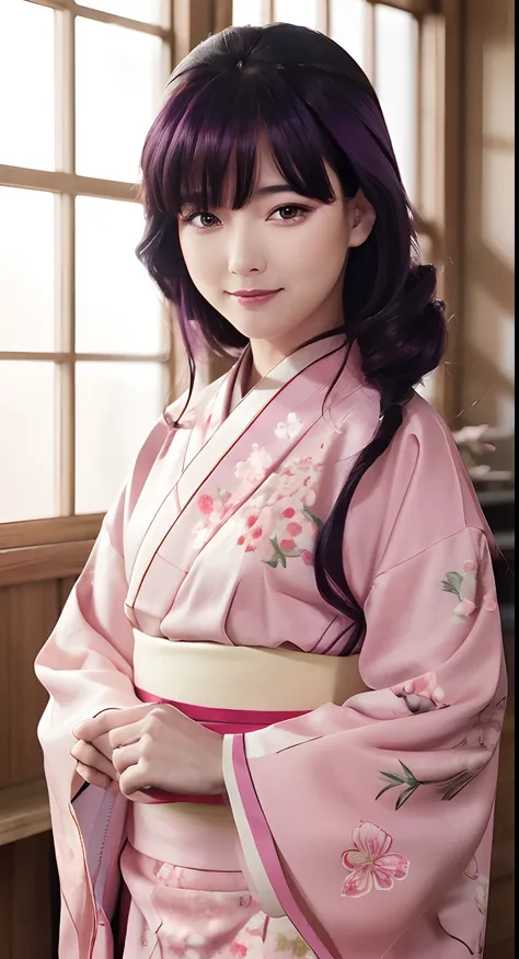 top-quality, 8K, ultra-detailliert, Photorealsitic, My happy marriage, Saimori Mercer, Beautiful woman in pink kimono, Black-purple hair, Longhaire, Beautiful kimono with cherry blossom pattern, Beautiful light makeup