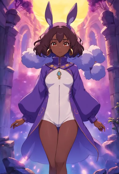 Personagem garota de anime, dark skin, pele morena, olhos roxos, cabelo roxo escuro com roupa de reversed bunnysuit com background de cassino