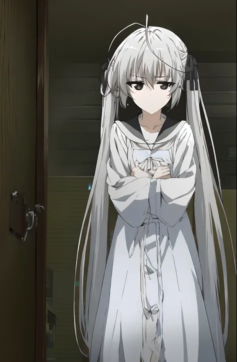 sorakasugano, sora kasugano, ahoge, (black eyes:1.5), hair between eyes, hair ribbon, long hair, twintails, black ribbon, simple white night gown with collar, white hair, (flat chest:1.2), BREAK, grey ribbons, long sleeves,, serafuku, white sailor collar, ...