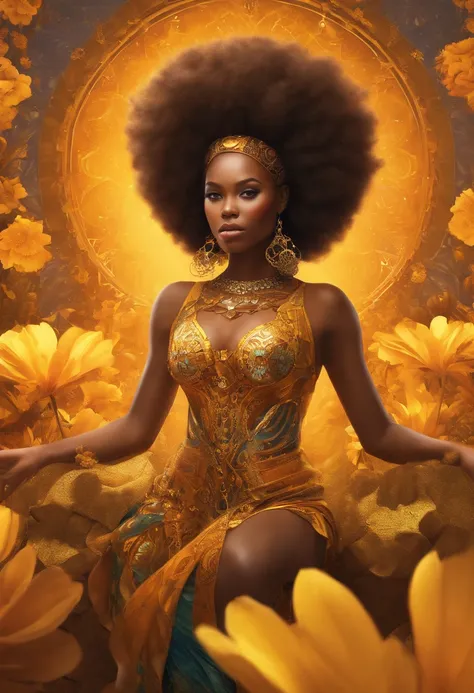 absurderes, A high resolution, Ultra detailed, (1african american girll:1.3), Fantasy steampunk costumes , Psychedelic, fractal patterns, geometric figure, Dynamic, Bright colors, (Flowers, petals), (Gold and yellow:1),