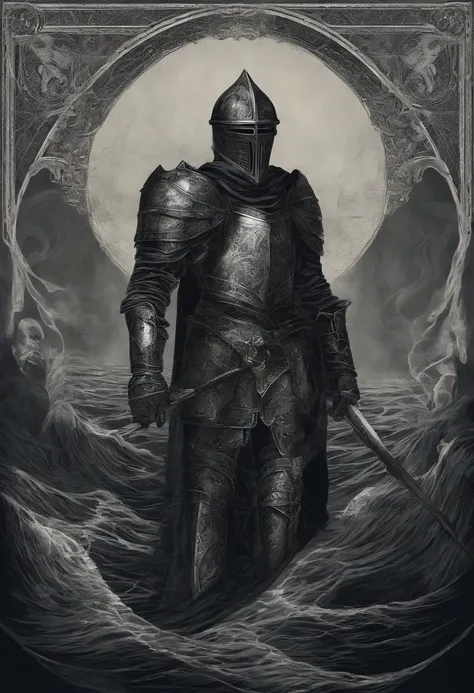 Illustration based on the referenced medieval fantasy knight, male with a Silver metal helmet, with the face of a beautiful woman, on the sides of the helmet there are waves that represent wavy hair. Closed helmet.