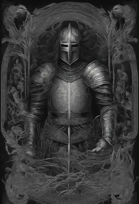 Illustration based on the referenced medieval fantasy knight, male with a Silver metal helmet, with the face of a beautiful woman, on the sides of the helmet there are waves that represent wavy hair. Closed helmet.