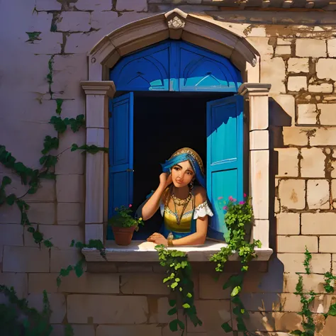 a window in a wall in mediterranean style, with a gypsy girl coming out from the window serving grape juice