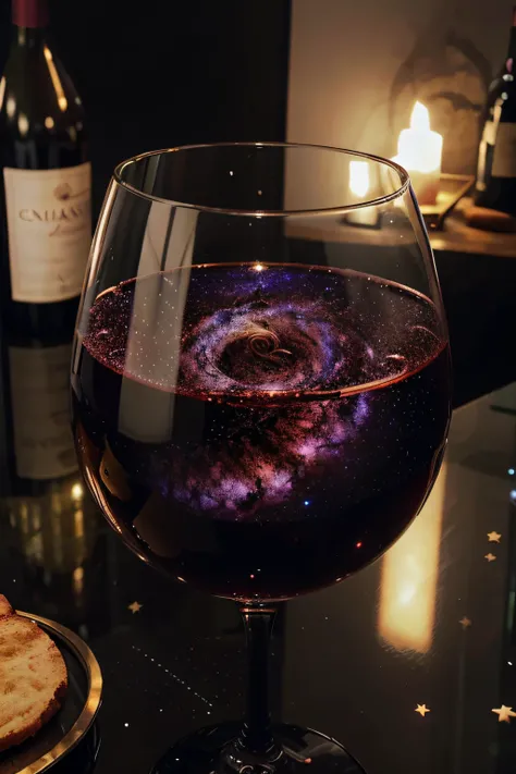 A magnificent glass filled with wine, in which you can see the galaxy and the stars swirling. Placed on a glass table