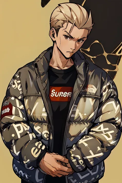 young man, male, short pulled back blonde hair, supreme drip jacket, brown eyes