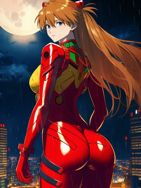 Asuka Langley ,masterpiece, best quality,,city,cyperpunk,night,rain,moon, HUGE ASS, BACK VIEWER