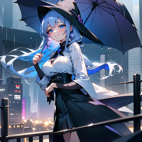 rainy evening、Urban area lined with buildings、Midnight Tokyo、Standing Girl、Black coat、white t-shirts、a black skirt、White lob hair with blue-violet mesh、Wearing a big black witch hat with sapphire accessories、Blue eyes with highlights、Smile and shed tears、B...