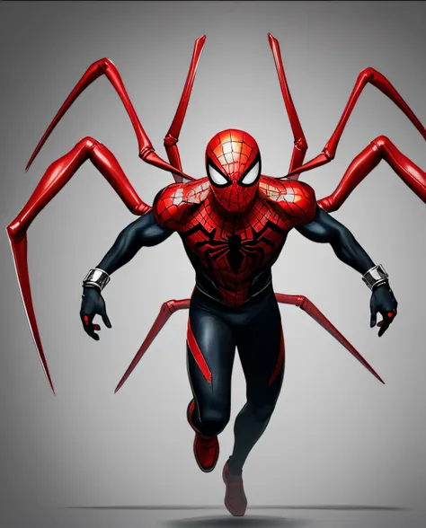 (((full body of male supspr))), (((four red metal legs))), (((silver bracelets))), (((sharp fingers))), a spider - man in a red and black suit, (((chasing))), 8k, unreal engine, octane render, by seunghee lee, Jang Tae-Hwan, Chocofing R, seungho lee, trend...