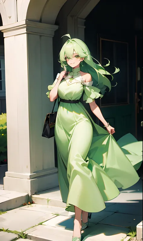 Woman with huge green hair down to her legs wearing a long green dress while walking smiling and light green eyes