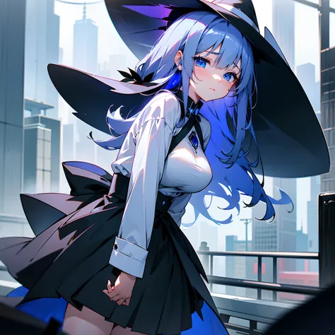 Rainy nights、An urban area lined with buildings、Late Night Tokyo、Girl standing with tears in her eyes、Black coat、white t-shirts、a black skirt、White lob hair with blue-violet mesh、Wearing a large black witch hat with sapphire accessories、Blue eyes with high...