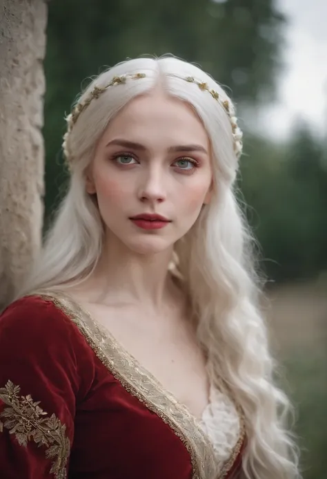 (((A deep, red wound crosses her left cheek))) White complexion, Women around 19 years of age, Natural white hair, Unique green eyes, Wearing a call, Slender and elegant, beautiful, Candles in the Middle Ages, ultra sharp focus, Realistic shots, Medieval w...