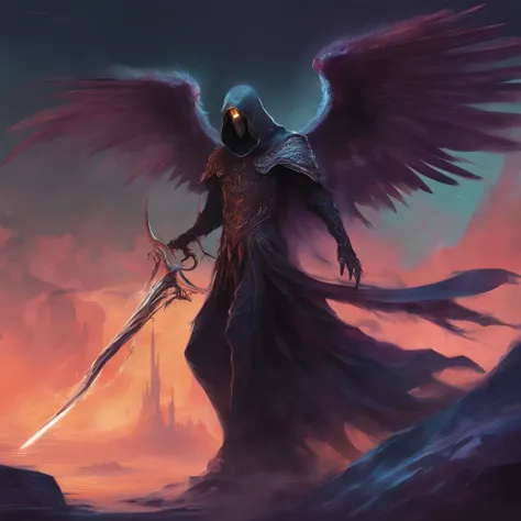 70s dark fantasy art, illustration of a glitched angel of death with his scythe