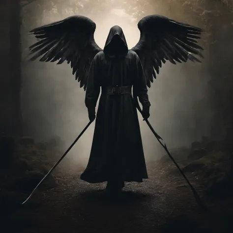 70s dark fantasy art, illustration of an angel of death with his scythe walking