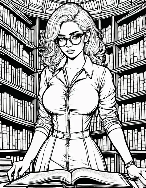 ((coloringbookaf)) black & white coloring book detailed (line art), unsaturated, busty dorky girl working as a librarian, intric...