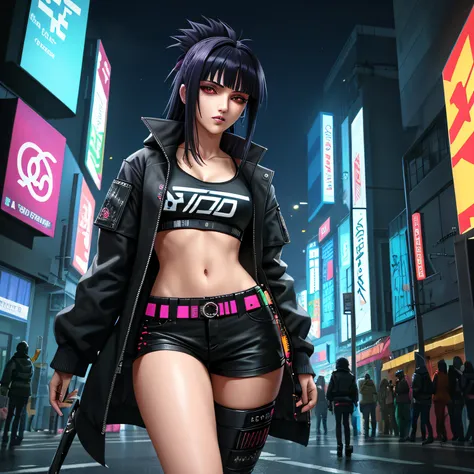 melhor qualidade, obra-prima, cinemactic, realista, cyberpunk, cidade cyberpunk, neon light, volumeric lighting, black sky, (chovendo, trovoada), ""personagen hinata de naruto"" (roupas cyberpunk, moletom, Slacks, roupas punk), water reflecting off the gro...