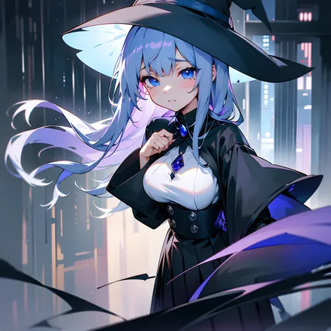 Rainy nights、An urban area lined with buildings、Late Night Tokyo、Girl standing with tears in her eyes、Black coat、white t-shirts、a black skirt、White lob hair with blue-violet mesh、Wearing a large black witch hat with sapphire accessories、Blue eyes with high...