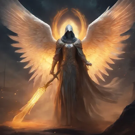 (best quality,4k,8k,highres,masterpiece:1.2),ultra-detailed,(realistic,photorealistic,photo-realistic:1.37),70s dark fantasy art,illustration of an angel of death with his scythe,dramatic lighting,intense emotions,sinister atmosphere,detailed feathers,ethe...