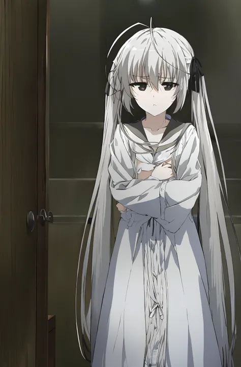 sorakasugano, sora kasugano, ahoge, (black eyes:1.5), hair between eyes, hair ribbon, long hair, twintails, black ribbon, simple white night gown with collar, white hair, (flat chest:1.2), BREAK, grey ribbons, long sleeves,, serafuku, white sailor collar, ...