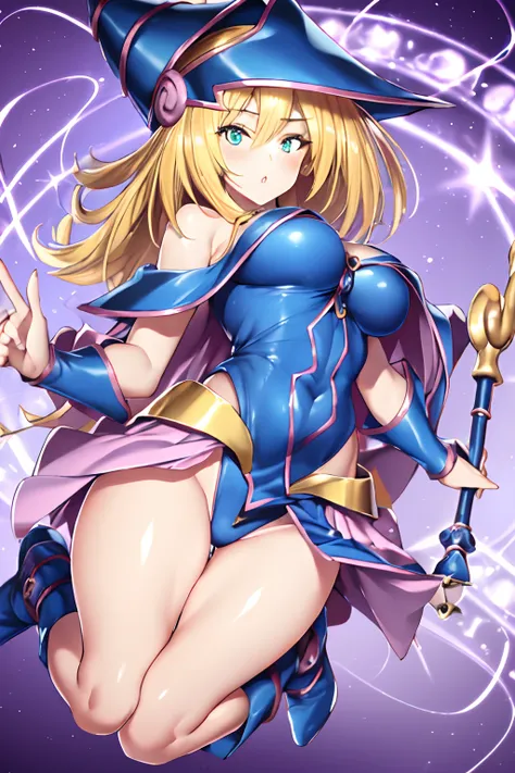 ultra-detailed, extremely detailed, masterpiece, highest quality, best quality, absurdres, highres, dark magician girl, (1girl:1.2), solo, detailed face, dynamic pose, hair flow, (full body:1.1),  blonde hair, long hair, looking at viewer, green eyes, skin...