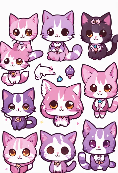 small and various cute nekomimi stickers in pink and lilac colors