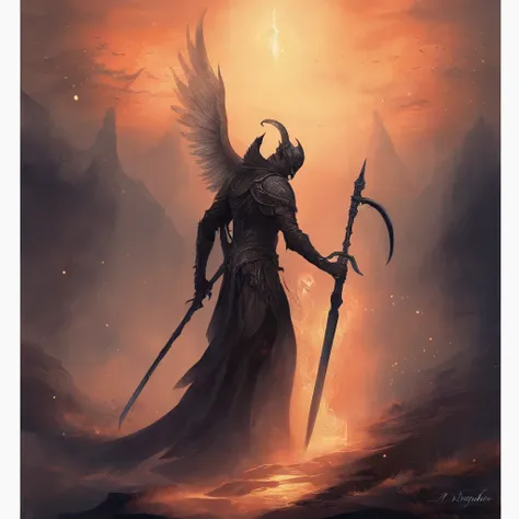 70s dark fantasy art,Illustration of an angel of death with his scythe,dramatic lighting,Intense emotions,Sinister atmosphere,detailed feathers,Ethereal and mystical presence,Ailes majestueuses,silhouette puissante et imposante,Mysterious fog,Intricate det...