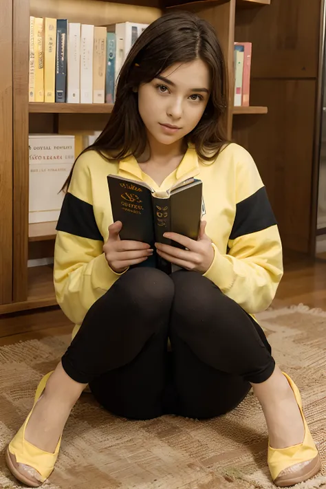 (yes sfw), a girl in black pants and yellow sweatshirt is sitting and reading a book, knees together feet apart. behind her a bo...