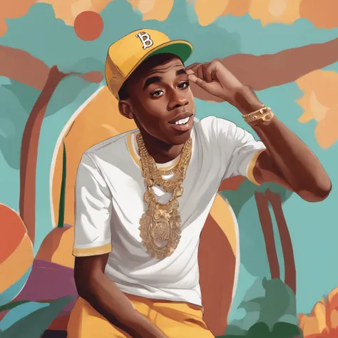 tyler the creator,illustration,cartoonish style,colorful,creative,expressive,evocative,energetic,playful,vibrant,detailed features,striking eyes,captivating smile,unique fashion style,bold colors,personality shining through,engaging composition,lively atmo...