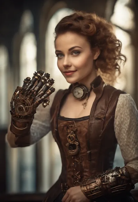 Smiling 1girl with bionic arms in steampunk fashion, captured in ultra high resolution with photorealistic and beautiful lighting. This masterpiece is of the best quality and is set against a zentangle abstract background (weighted at 1.4). Mechanical hand...