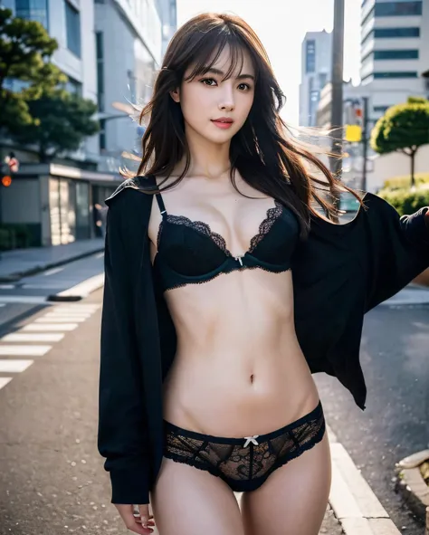 ((Top Quality, 8k, Masterpiece: 1.3)), 1 girl, smile, full body, slim face, pretty woman, (dark brown hair), black lace bra and black lace panties: 1.3, high leg panties, ultra detailed face, detailed eyes, double eyelids, blurred background, slim face, ci...