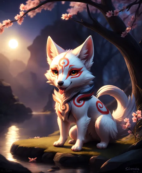 [(by Harriet Backer, by Ferdinand Knab, by Reylia Slaby, by Silverfox5213)::0.8],
solo (chibi quadruped feral:1.35) ((amaterasu)), okami (capcom), (tongue out),
sitting at cherry blossom forest, dusk night sky, water
BREAK,
(detailed background, depth of f...