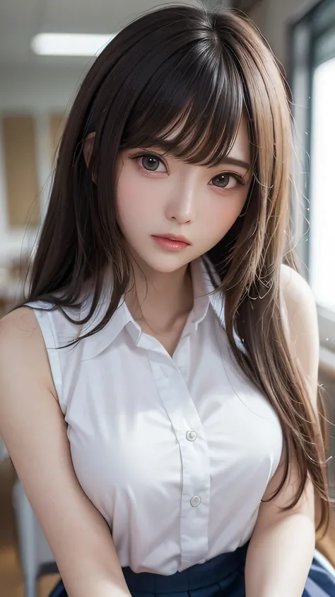 1womanl, up of face, mideum breasts, light brown hair, Blunt bangs, hair behind ear, hair over shoulder, Long hair, slender body shape, Ultra Fine Face, Thin face, Delicate lips, Beautiful eyes, thin blush, eyes are light brown, perfect glossy skin, flawle...